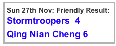 Sun 27th Nov: Friendly Result:
Stormtroopers  4  
Qing Nian Cheng 6 